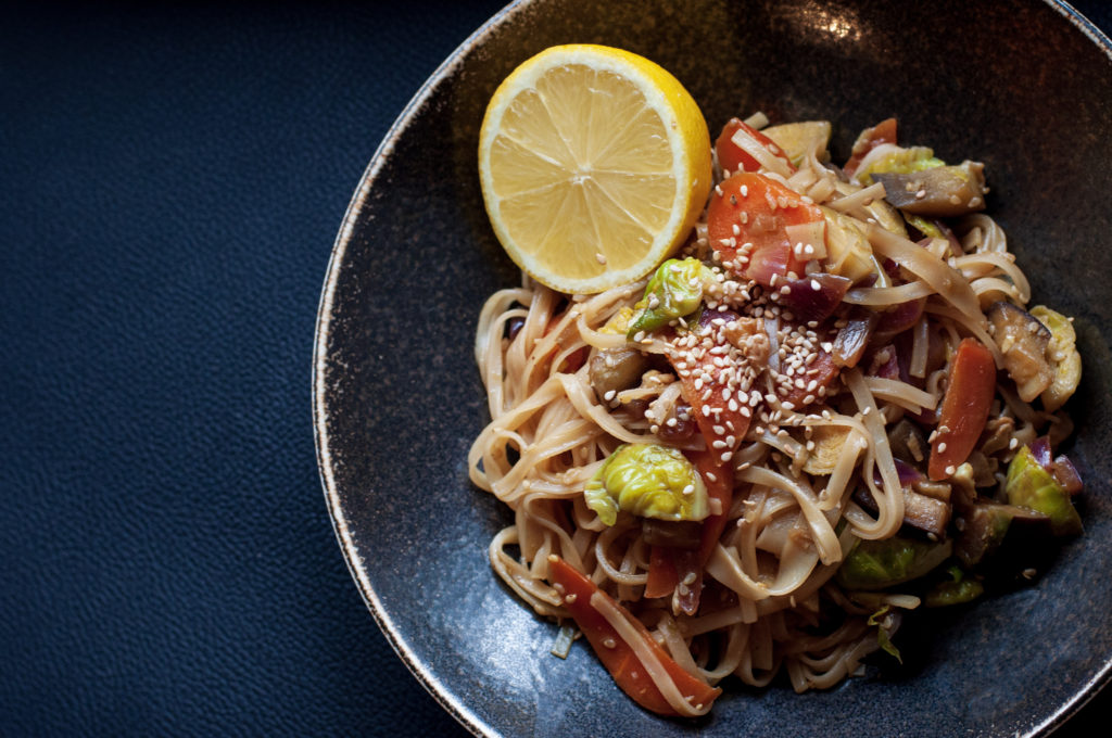 Rice noodles with Brussel sprouts
